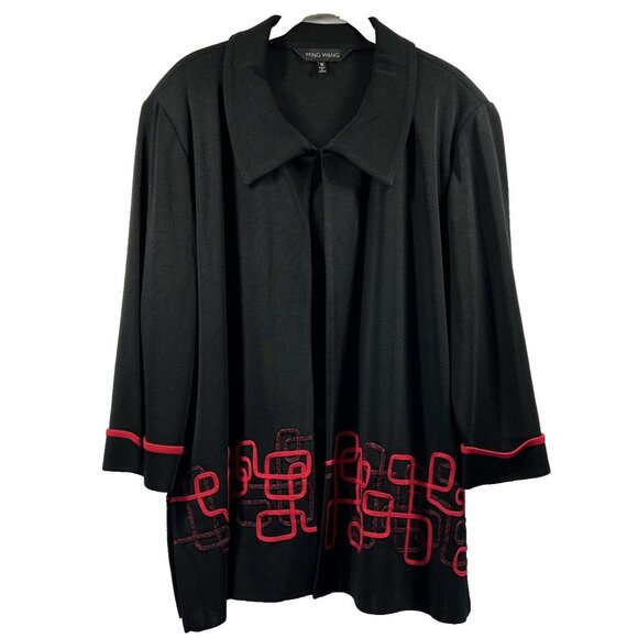 Ming Wang Women's Jacket Blazer Size Plus 1X Vintage Black Red Artsy 3/4 Sleeves - Picture 1 of 9
